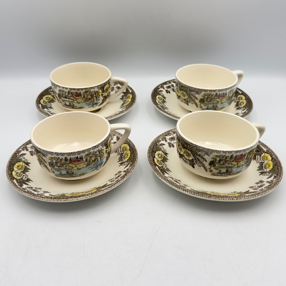Royal China Fair Oaks Tea Cup and Saucer Set of 4 Multi-Color Scenic Village USA